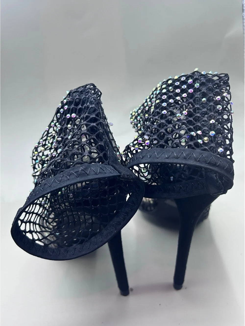 Black Rhinestone Mesh Ankle Boots Women's Size 8 Pointed Toe Stiletto Booties